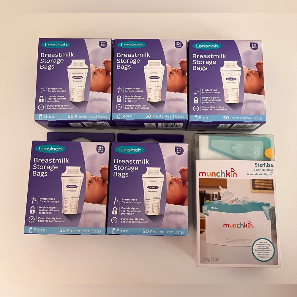 Brand new 250 Lanisoh Breast Milk Storage Bags 5 boxes of 50 Munchkin sterilizer